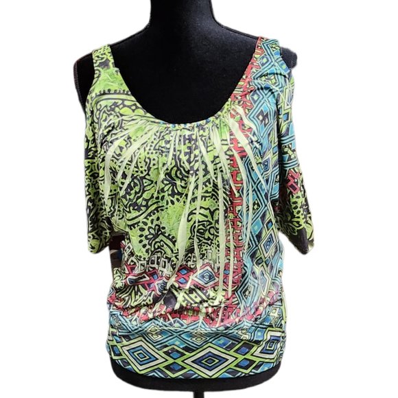 ❤️2/$18 Unity World Wear Petite Tie Dye Floral Boho Green Shirt Top Blouse M - Picture 1 of 8